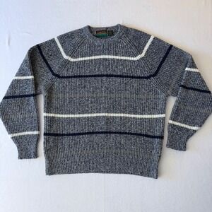 Oakton Limited Mens XL Vintage Marled Knit Striped Crewneck Sweater Grey Navy